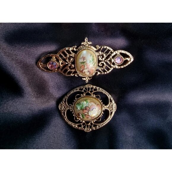 Vintage 1928 Floral Enamel Brooch Set Gold-Tone Filigree - Picture 2 of 6